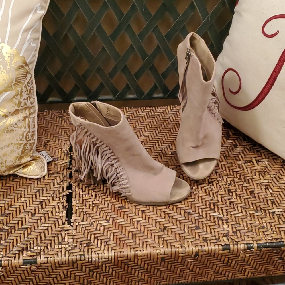 Suede fringe peep toe booties
